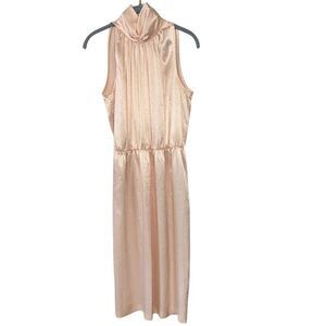 Women's Light Pink Satin Ruched Neck Midi Dress Size Small